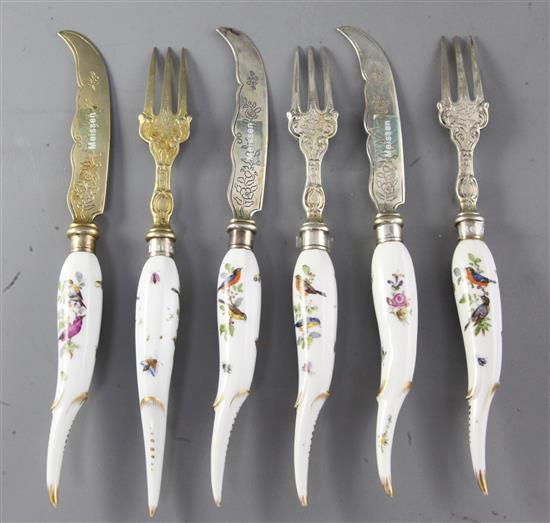 Three pairs of Meissen porcelain handled knives and forks, 19th century, 21cm and 21.5cm